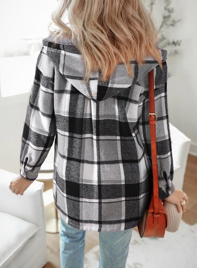 Dokotoo Women's Flannel Hooded Plaid 2025 Shacket Thick Coat Winter Coat for Warmth Button down Warm and Fuzzy Fleece Jacket, Black, L - Image 5