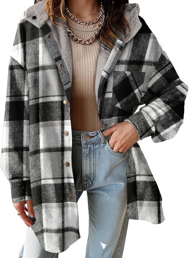 Dokotoo Women's Flannel Hooded Plaid 2025 Shacket Thick Coat Winter Coat for Warmth Button down Warm and Fuzzy Fleece Jacket, Black, L - Image 1