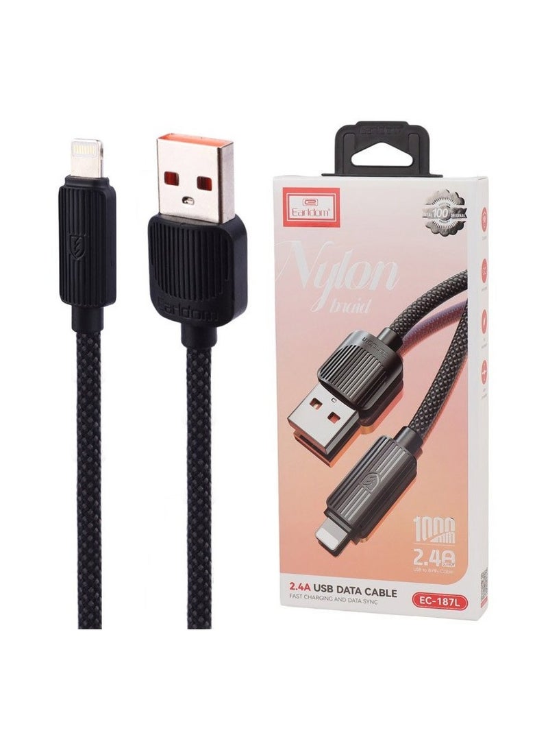 Earldom EC-187L 1M Nylon Braided USB-A to Lightning Cable – 2.4A Fast Charging & Data Sync, Black - Image 3