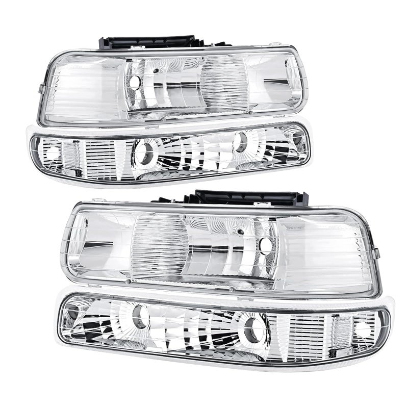 Headlights Assembly Compatible with 9902 Chevy Silverado 0006 Tahoe Suburban Headlights Headlamp with Bumper Lights Chrome Housing Clear