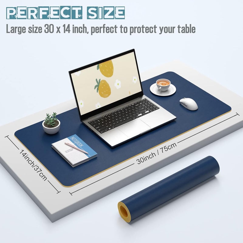 Hsurbtra Desk Pad, 30" x 14" Dual Side PU Leather Desk Mat, Waterproof Non-Slip Desktop Blotter Protector, Large Mouse Pad for Laptop Keyboard Office Home, Blue and Yellow - Image 2