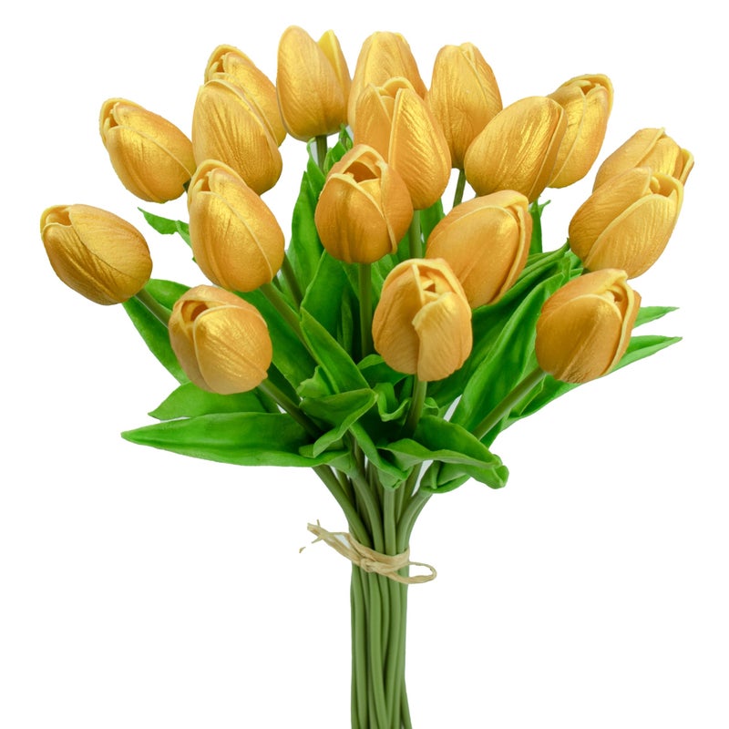 Mandy's Artificial Tulips 20 Stems Gold PU Faux Flowers for Valentine's Day and Easter Decorations Wedding Home Decor 13.5 Inch - Image 1