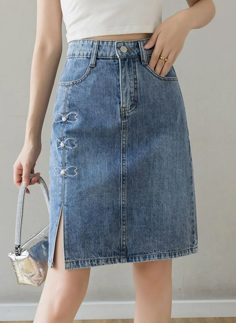 YUNIQEE Blue Casual Washed Knee Length Skirts