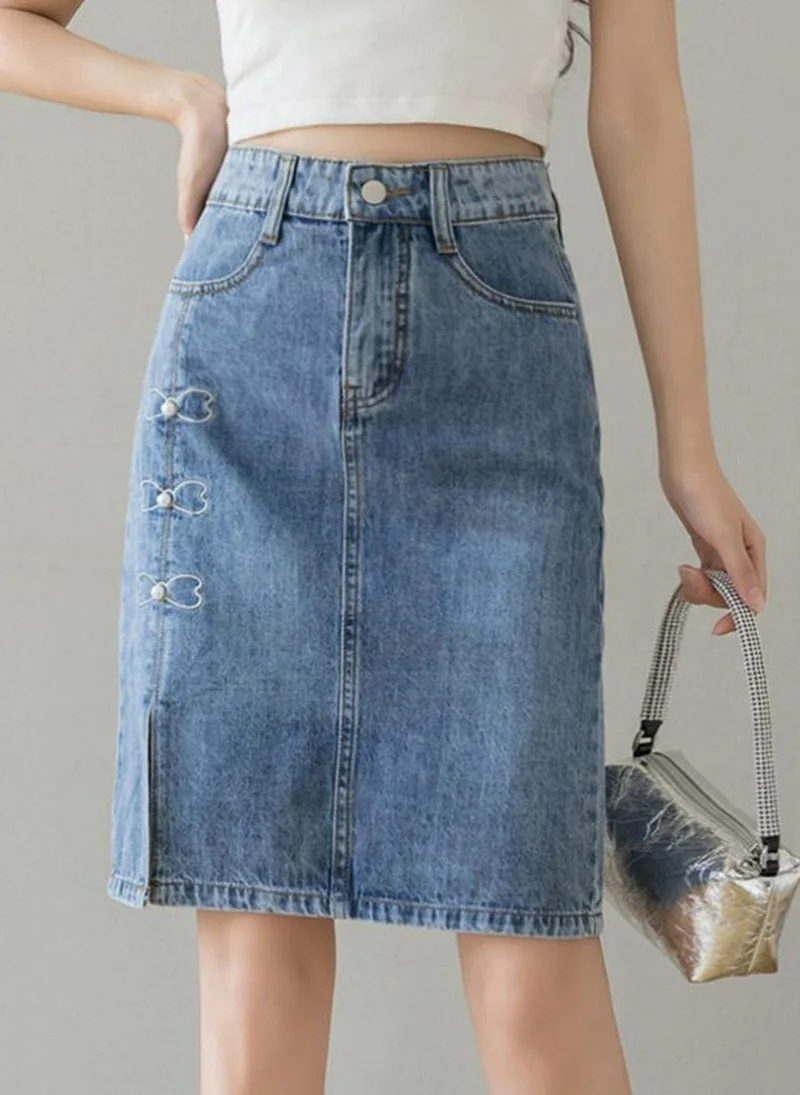 YUNIQEE Blue Casual Washed Knee Length Skirts