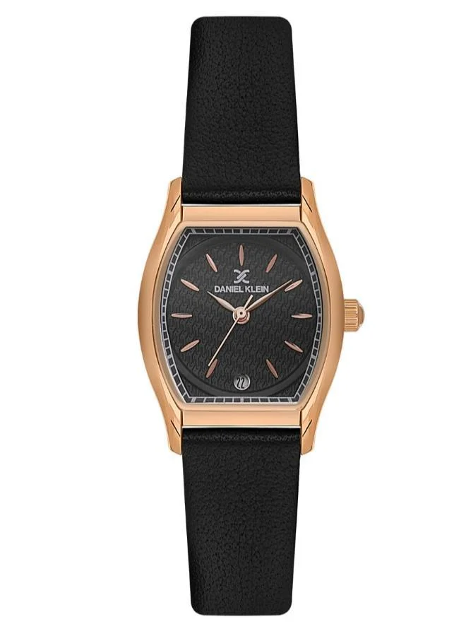 DANIEL KLEIN Women's Leather Rose Gold Alloy Case Analog Black Barrel Sunray Dial Japanese Quartz Premium 50 Meters Water Resistant