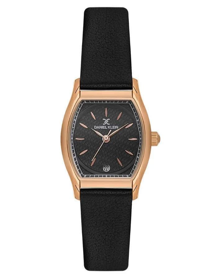 Daniel Klein Women's Leather Rose Gold Alloy Case Analog Black Barrel Sunray Dial Japanese Quartz Premium 50 Meters Water Resistant