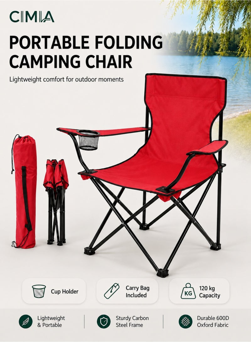 CIMIA Lightweight Folding Camping Chair With Cup Holder & Carry Bag, 50x50x80cm Portable Outdoor Chair For Beach Picnic Camping Garden Balcony, Red, 120kg Capacity - Image 1
