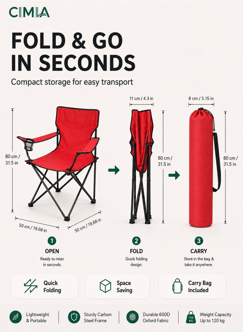 CIMIA Lightweight Folding Camping Chair With Cup Holder & Carry Bag, 50x50x80cm Portable Outdoor Chair For Beach Picnic Camping Garden Balcony, Red, 120kg Capacity - Image 5