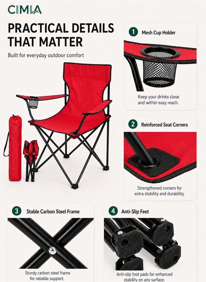 CIMIA Lightweight Folding Camping Chair With Cup Holder & Carry Bag, 50x50x80cm Portable Outdoor Chair For Beach Picnic Camping Garden Balcony, Red, 120kg Capacity - Image 3