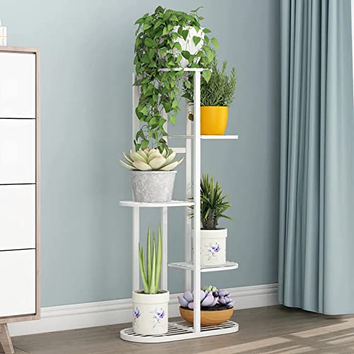 Bee Creative Trendy Decor Metal 6 Tier 7 Potted Plant Stand Multiple Flower Pot Holder Shelves Planter Rack Storage Organizer Display for Indoor Outdoor Garden Balcony Size- HxL 41x18 Inch (Gold) (7/6-White) - Image 1