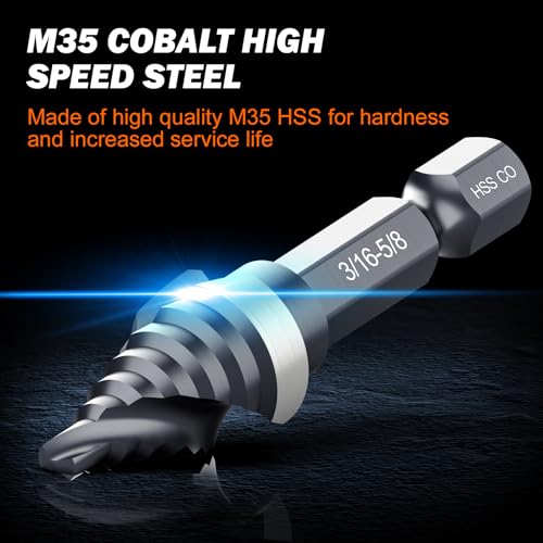 THINKWORK M35 Cobalt Spiral Flute Step Drill Bit Set, 5 Pcs Single Size HSS Step Bits (1/8"-3/4"), Small Size EDC Unibit with 1/4" Shank Step Bits for Metal, Aluminum, Steel, Wood Plastic - Image 3