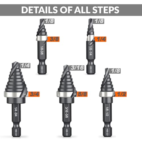 THINKWORK M35 Cobalt Spiral Flute Step Drill Bit Set, 5 Pcs Single Size HSS Step Bits (1/8"-3/4"), Small Size EDC Unibit with 1/4" Shank Step Bits for Metal, Aluminum, Steel, Wood Plastic - Image 2