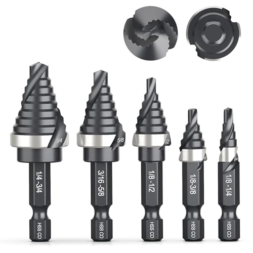 THINKWORK M35 Cobalt Spiral Flute Step Drill Bit Set, 5 Pcs Single Size HSS Step Bits (1/8"-3/4"), Small Size EDC Unibit with 1/4" Shank Step Bits for Metal, Aluminum, Steel, Wood Plastic - Image 1