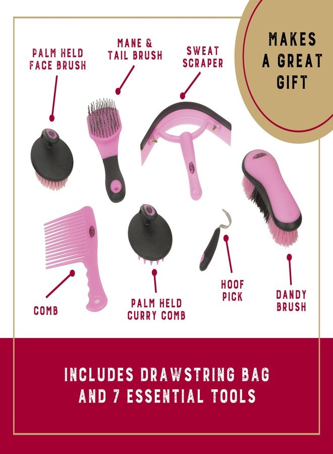 Weaver Equine Horse Grooming Kit, 7-Piece Horse Brush Set with Organizer Tote Bag, Hoof Pick, Comb, Sweat Scraper, Equine Tools for Daily Grooming, Gray/Pink - Image 4