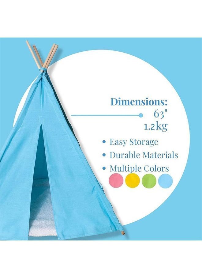 Y&D - Kids Teepee, Play Tent Foldable Canvas Playhouse Portable Teepee for to Indoor and Outdoor Made of 1.6m Platane Wood Support Linen Fabric (Blue) - Image 1