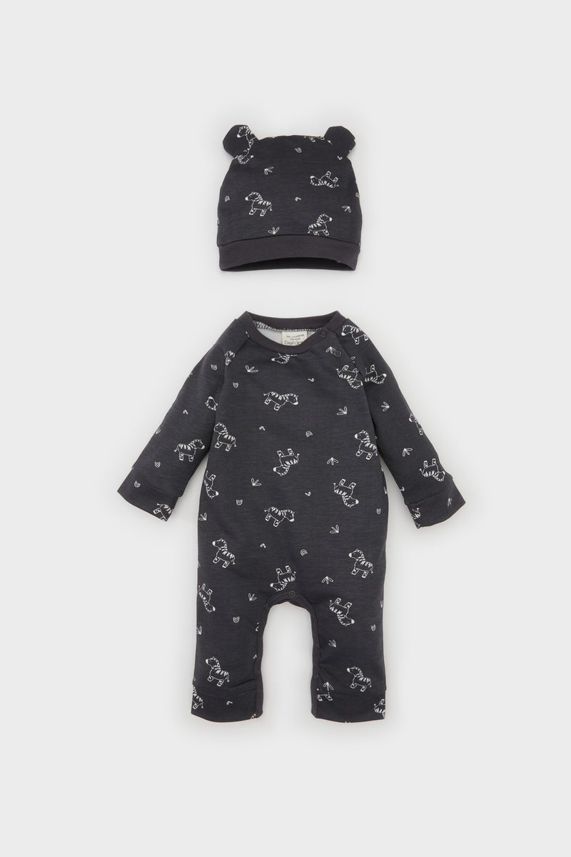 DeFacto Boy Baby Newborn Zebra Printed Jumpsuit Beanie 2 Piece Set - Image 1