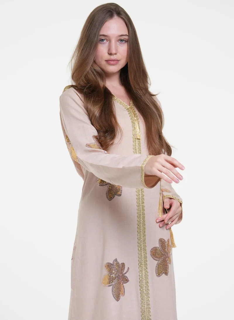 AL BENT AL SHARQIEH beige embroidered jalabiya dress for Women | Best Price UAE