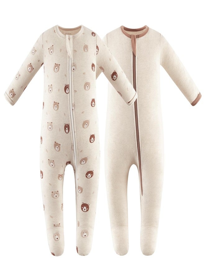 Owlivia Organic Cotton Baby Pajamas, Boys Girls 2-Pack Zip Front Sleep 'N Play, Footed Sleeper, Long Sleeve(0-3 Months, Mini Bears&Beige) - Image 1