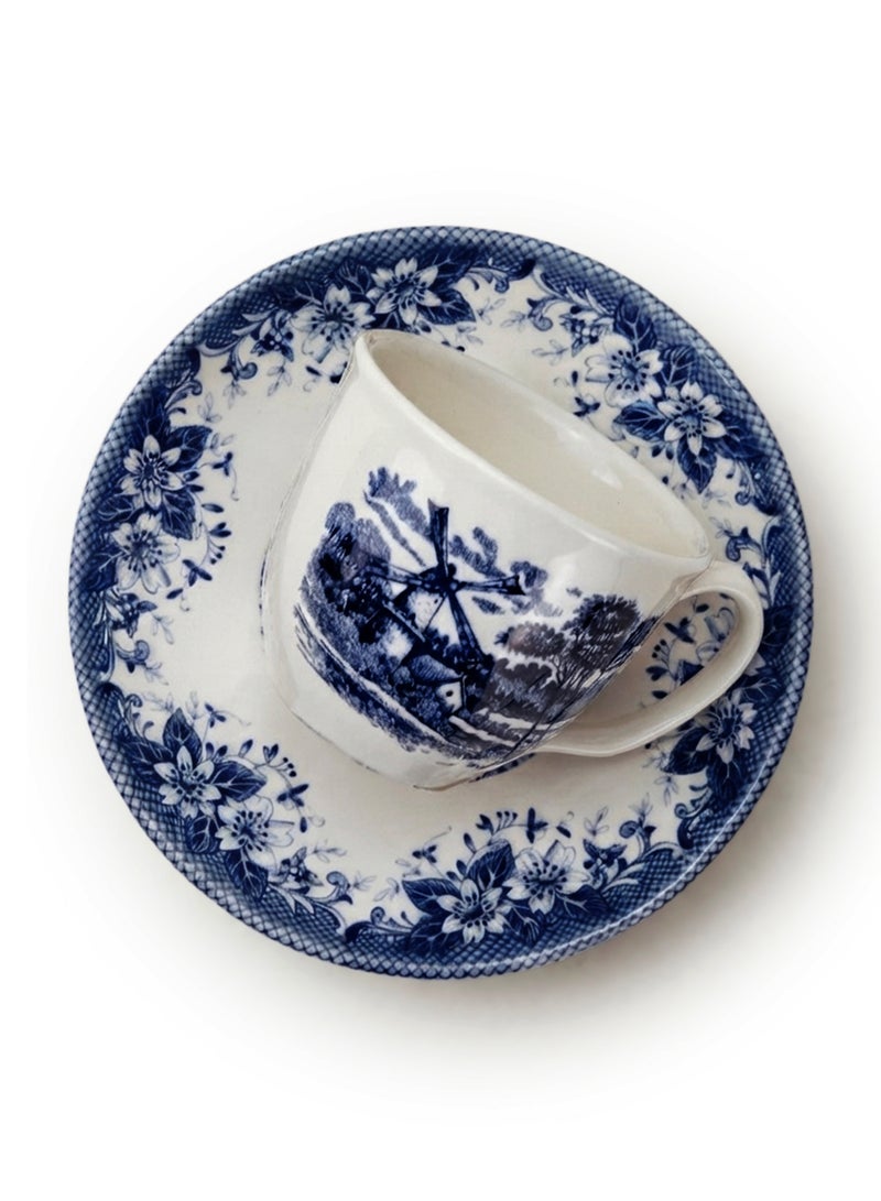 Claytan Earthenware Classic Windmill Pattern Blue Espresso Cup & Saucer, 90ml, White | Premium Espresso & Coffee Cup with Matching Saucer | Vintage Blue Drinkware for Home, Office, Café & Gifting - Image 2