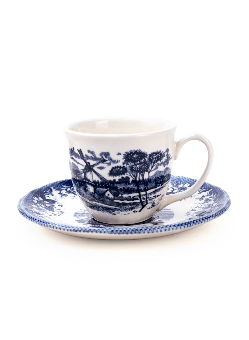 Claytan Earthenware Classic Windmill Pattern Blue Espresso Cup & Saucer, 90ml, White | Premium Espresso & Coffee Cup with Matching Saucer | Vintage Blue Drinkware for Home, Office, Café & Gifting - Image 1