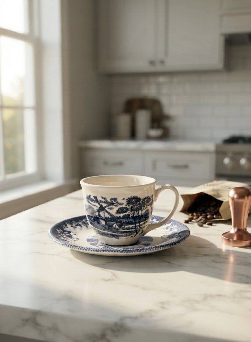 Claytan Earthenware Classic Windmill Pattern Blue Espresso Cup & Saucer, 90ml, White | Premium Espresso & Coffee Cup with Matching Saucer | Vintage Blue Drinkware for Home, Office, Café & Gifting - Image 3