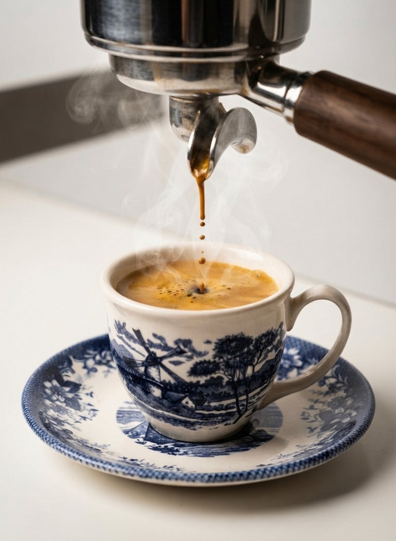 Claytan Earthenware Classic Windmill Pattern Blue Espresso Cup & Saucer, 90ml, White | Premium Espresso & Coffee Cup with Matching Saucer | Vintage Blue Drinkware for Home, Office, Café & Gifting - Image 4