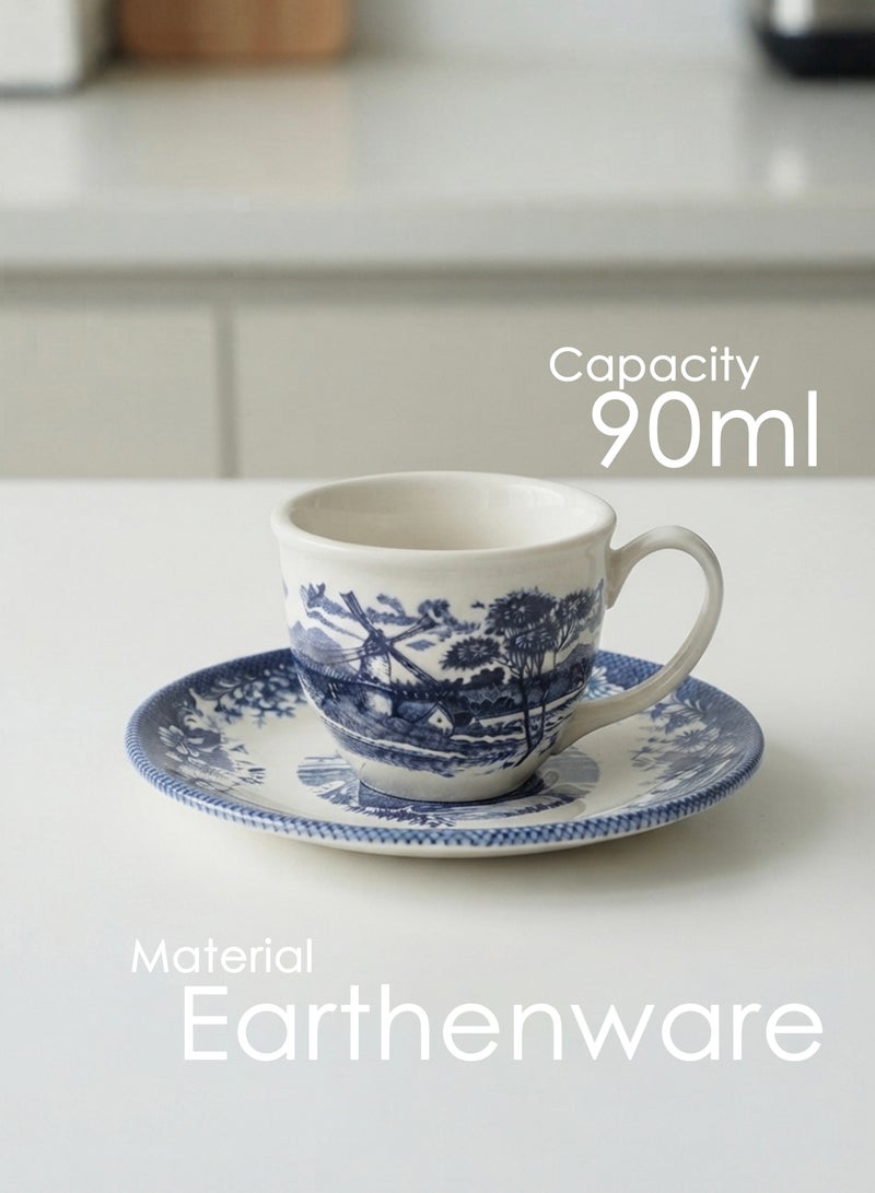 Claytan Earthenware Classic Windmill Pattern Blue Espresso Cup & Saucer, 90ml, White | Premium Espresso & Coffee Cup with Matching Saucer | Vintage Blue Drinkware for Home, Office, Café & Gifting - Image 5