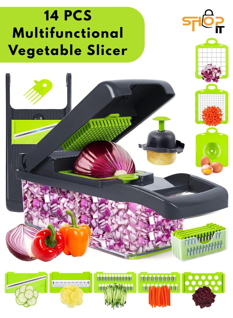 بيتشو 14 قطعة من قطاعة الخضار متعددة الوظائف وقطاعة يدوية مع حاوية تخزين وسلة تصريف و8 شفرات وحامل أمان مجموعة قواطع المطبخ للفواكه والخضروات. - Image 1