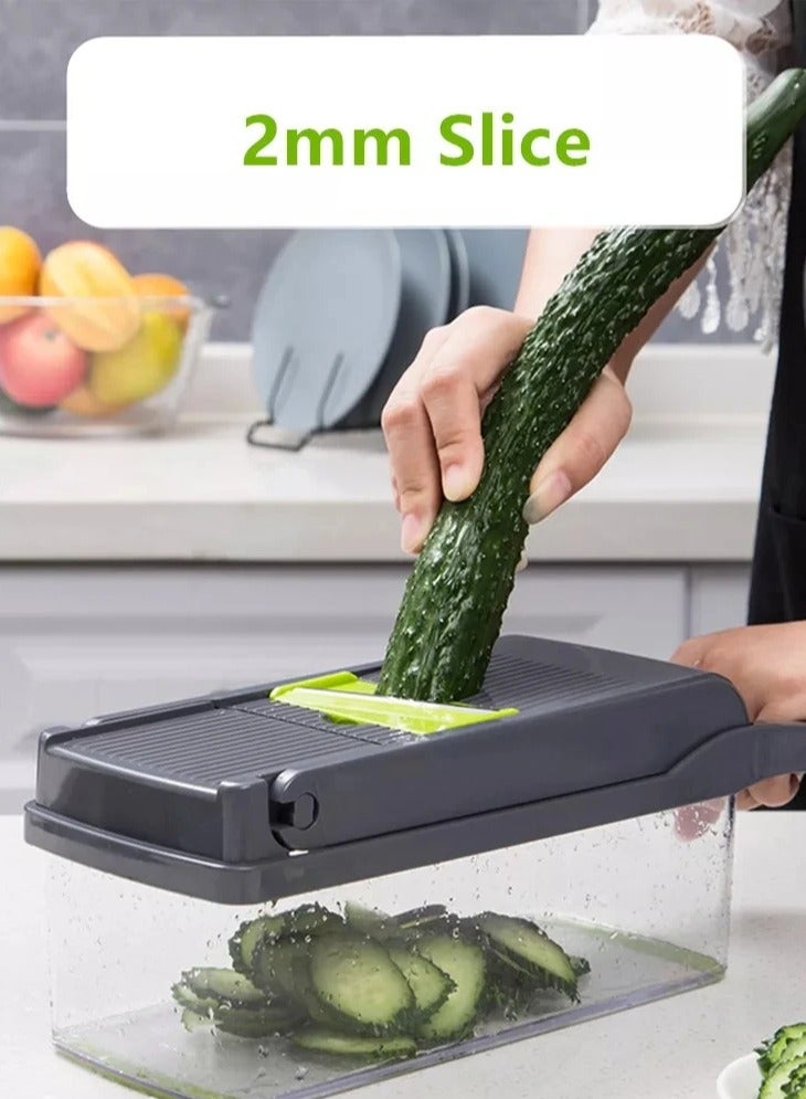 بيتشو 14 قطعة من قطاعة الخضار متعددة الوظائف وقطاعة يدوية مع حاوية تخزين وسلة تصريف و8 شفرات وحامل أمان مجموعة قواطع المطبخ للفواكه والخضروات. - Image 2