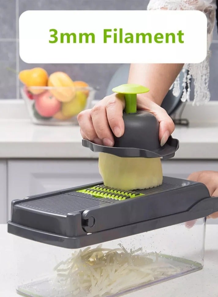 بيتشو 14 قطعة من قطاعة الخضار متعددة الوظائف وقطاعة يدوية مع حاوية تخزين وسلة تصريف و8 شفرات وحامل أمان مجموعة قواطع المطبخ للفواكه والخضروات. - Image 5