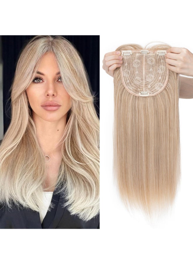 My Lady MYLADY Hair Toppers for Women with Thinning Hair 18 Inch 6x6 Lace Base Wiglets with Side Bangs Clip in Synthethic Hairpieces Mixed Blonde - Image 2