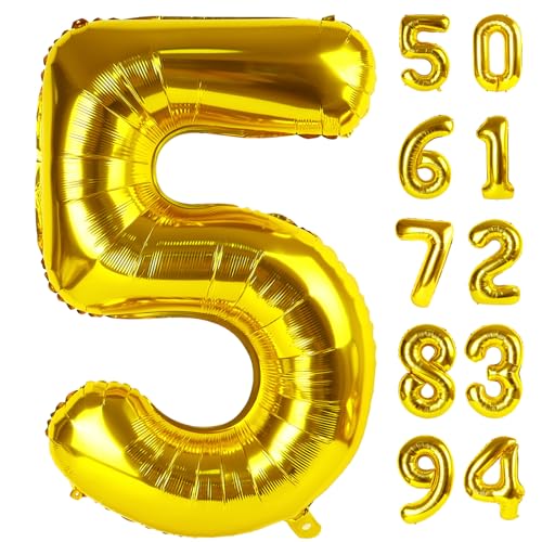 IWERP Gold 5 Balloon, Number Balloon 40 Inch, Gold and Black Party Supplies, 5th Birthday Balloon Decorations, 5 Number Balloons, Number 5 Balloon - Image 1