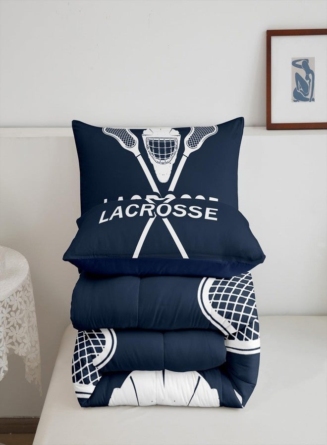 Man Fei Manfei Lacrosse Comforter Set King Size 3 Pcs,Fashion Sports Ball Game Navy White Bedding Set,Lacrosse Sticks Helmet Sporting Quilt Set for Adults Bedroom,2 Pillowcases - Image 5
