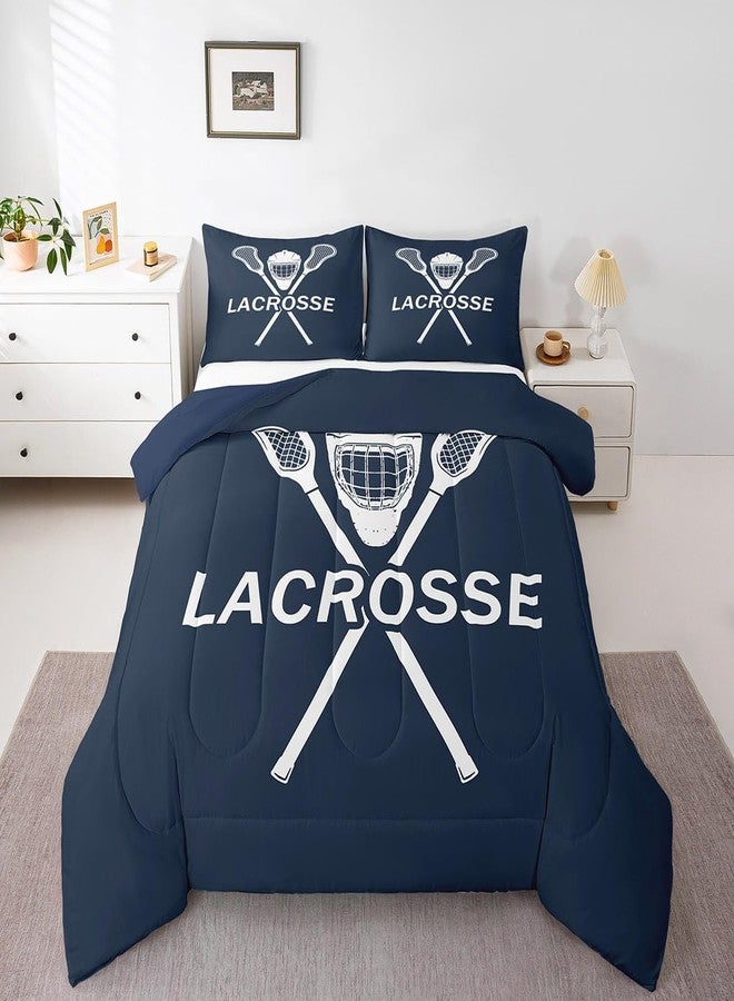 Man Fei Manfei Lacrosse Comforter Set King Size 3 Pcs,Fashion Sports Ball Game Navy White Bedding Set,Lacrosse Sticks Helmet Sporting Quilt Set for Adults Bedroom,2 Pillowcases - Image 3