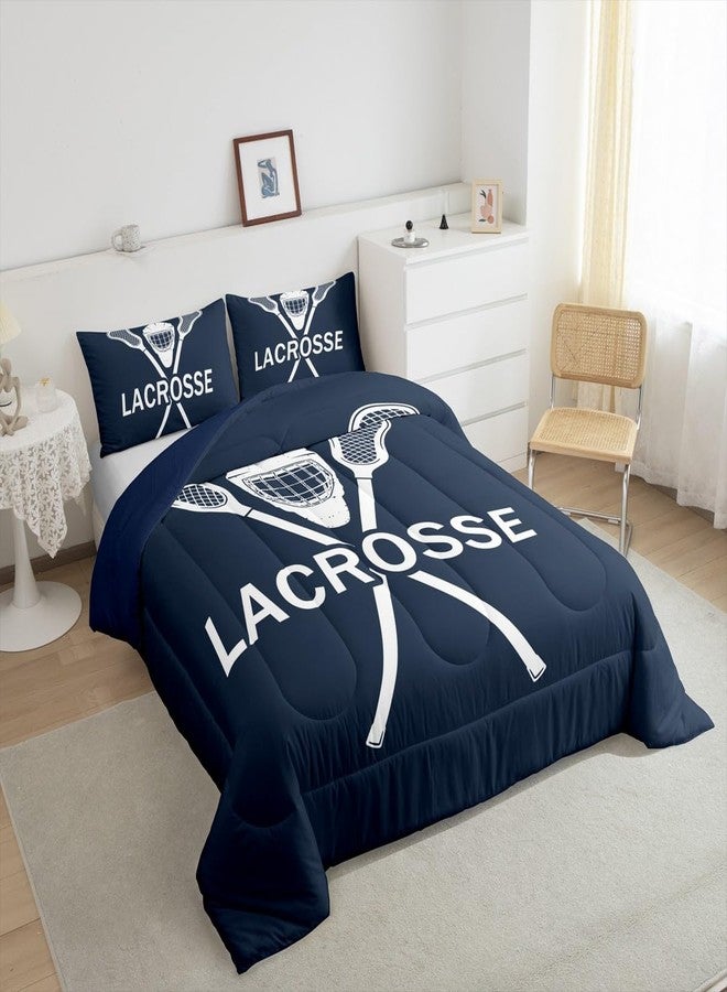 Man Fei Manfei Lacrosse Comforter Set King Size 3 Pcs,Fashion Sports Ball Game Navy White Bedding Set,Lacrosse Sticks Helmet Sporting Quilt Set for Adults Bedroom,2 Pillowcases - Image 4