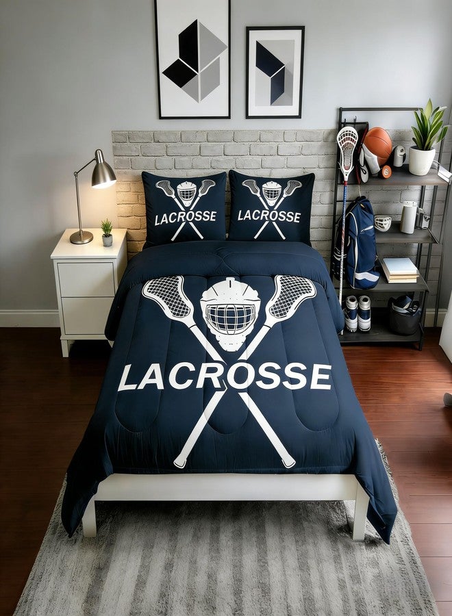 Man Fei Manfei Lacrosse Comforter Set King Size 3 Pcs,Fashion Sports Ball Game Navy White Bedding Set,Lacrosse Sticks Helmet Sporting Quilt Set for Adults Bedroom,2 Pillowcases - Image 1