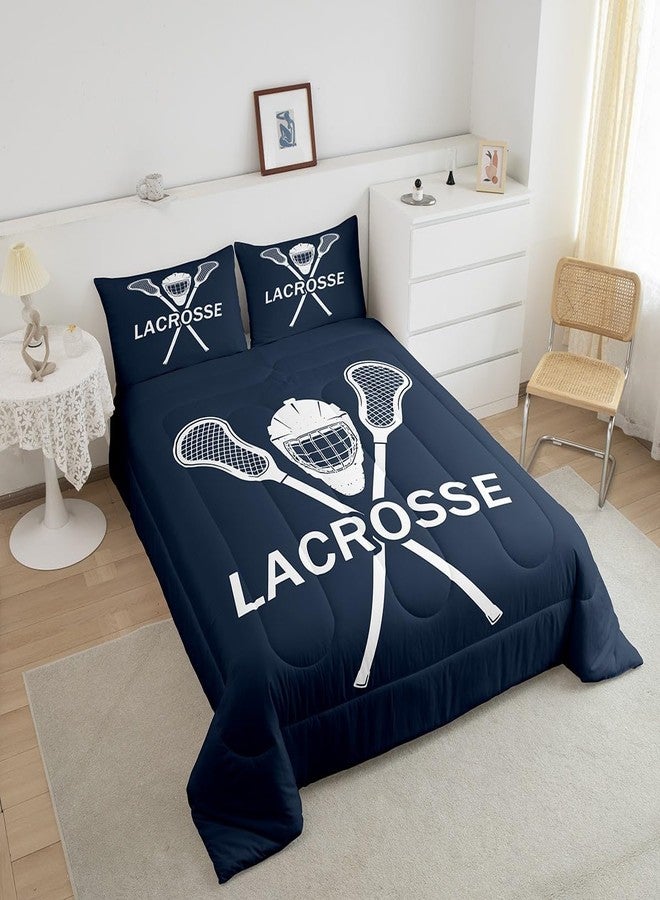 Man Fei Manfei Lacrosse Comforter Set King Size 3 Pcs,Fashion Sports Ball Game Navy White Bedding Set,Lacrosse Sticks Helmet Sporting Quilt Set for Adults Bedroom,2 Pillowcases - Image 2