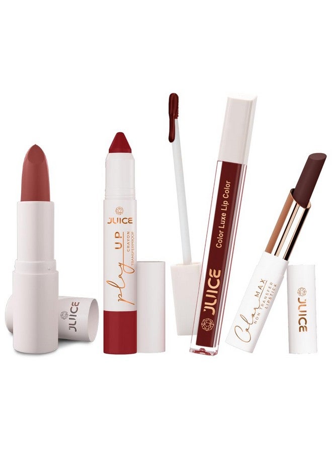 Juice Long Lasting, 4pc Lipstick Combo Set For Women(Party Pink-M10 Bullet Lipstick, Flame On-MCR10 Play up Lip Crayon, Lucky Red-M10 Liquid Lipstick, Plum Royale-M10 Slim Stick) - Image 1