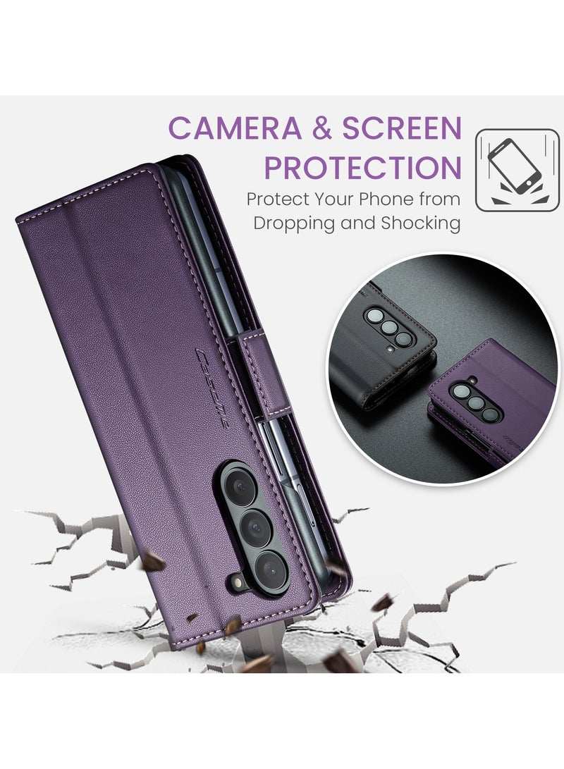 CaseMe Flip Wallet Case For Samsung Galaxy Z Fold 6 5G [RFID Blocking] PU Leather Wallet Flip Folio Case with Card Holder Kickstand Shockproof Phone Cover (Purple) - Image 2