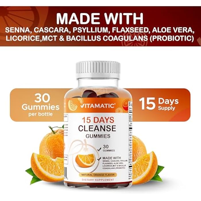Vitamatic 15 Day Cleanse Gummies, Senna, Cascara, Psyllium, Flaxseed, Aloe Vera, Licorice, MCT, Probiotic - Image 4