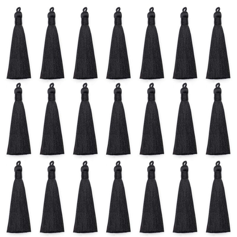 VAPKER 20pcs Black Tassel Mini Silk Tassels for Craft Jewelry Making Woman Handmade Soft Ice Silky Tassels with Loops for DIY Projects Bookmarks85CM35 Inches