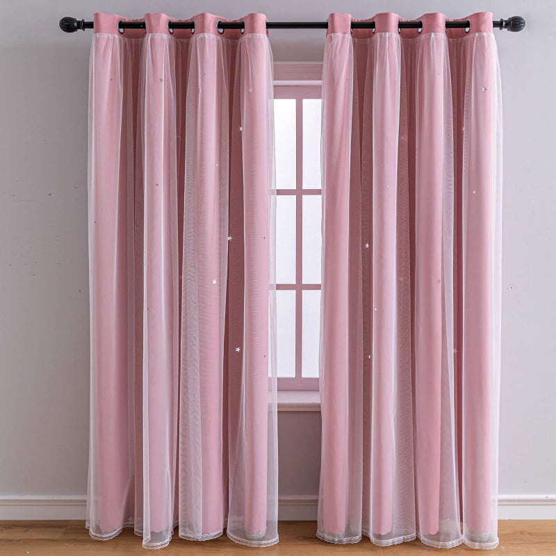 FANLI 2 Panels Star Blackout Curtains for Kid Girls Bedroom Living Room Darking Stripe Double Layer Star Cut Out Wall Home Decor Gradient Grommet Window Curtains Pink 63L