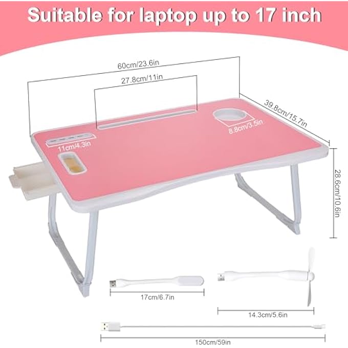 rayihni LAPTOP DESK USB BED TABLE, FOLDABLE TRAY WITH USB CHARGE PORT, HANDLE, DESKTOP CARD/CUP SLOT, SIDE DRAWER, PORTABLE NOTEBOOK STAND FOR EATING READING WORKING CAMPING(PINK) - Image 2