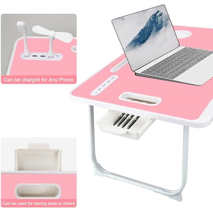 rayihni LAPTOP DESK USB BED TABLE, FOLDABLE TRAY WITH USB CHARGE PORT, HANDLE, DESKTOP CARD/CUP SLOT, SIDE DRAWER, PORTABLE NOTEBOOK STAND FOR EATING READING WORKING CAMPING(PINK) - Image 3