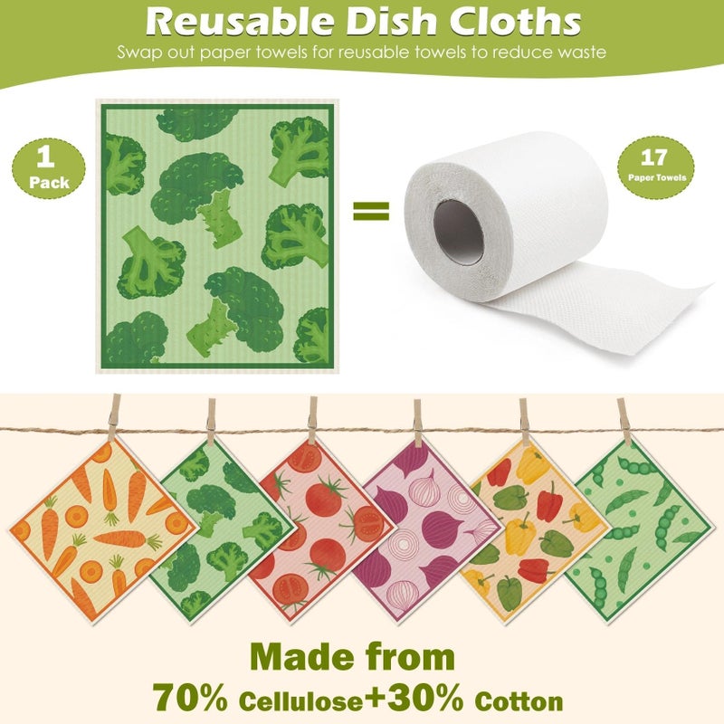 Revahope 6 Packs Swedish Paper Cloths for Kitchen, Reusable Paper Towels Washable Dish Rags, Highly Absorbent Kitchen Towels Quick Drying Swedish Sponge Cleaning Dish Cloths (Vegetables) - Image 3
