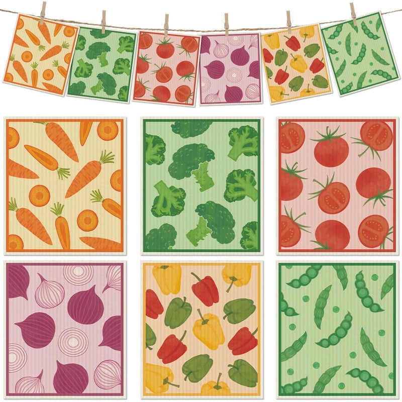 Revahope 6 Packs Swedish Paper Cloths for Kitchen, Reusable Paper Towels Washable Dish Rags, Highly Absorbent Kitchen Towels Quick Drying Swedish Sponge Cleaning Dish Cloths (Vegetables) - Image 1