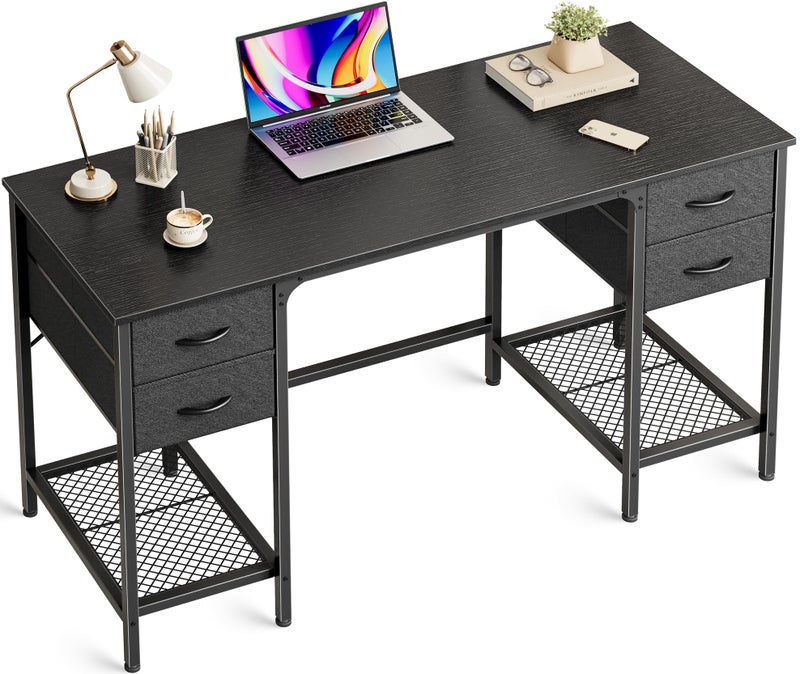 Huuger 47 Inch Computer Desk with 4 Drawers Office Desk with Mesh Shelf Gaming Desk Large Storage Writing Work Desk for Home Office Study Bedroom Work from Home Black