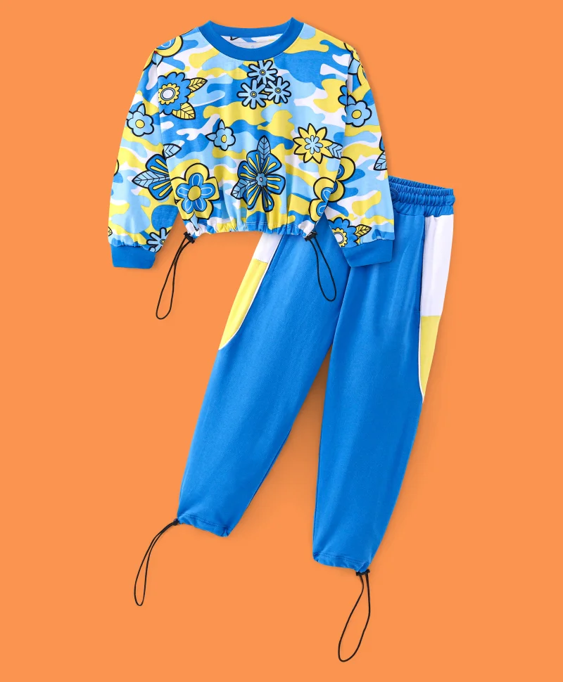 Ollington St. Ollington St. 100% Cotton Full Sleeves Floral Printed Sweatshirt and Color Blocked Joggers Set - Multicolor