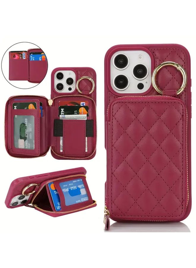 هاتف محفظة وردي أحمر بتصميم ليوبارد متوافق مع آيفون 16 برو ماكس، يحتوي على فتحة بطاقات وحلقة حامل بسحاب - Image 1
