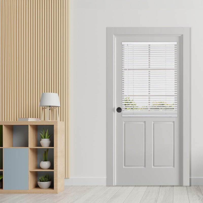 DEZ FURNISHINGS DEZ FURNISHINGS Cordless No Tool 1 Magnet Mini Blinds for Metal Doors Room Darkening 25 W x 42 H White 